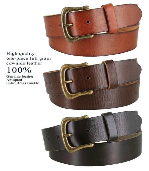 Premium Full-Grain Leather Casual Jeans Belt with Solid Brass Vintage Buckle, 38mm Wide