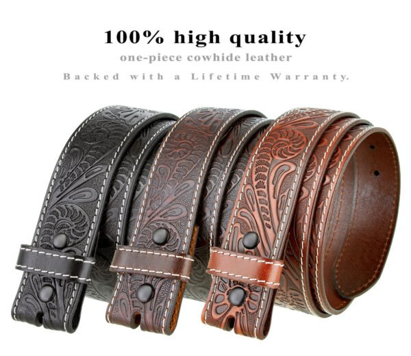 Tooled Leather Belt Strap with Snaps on 1-1/2"(38mm) Wide
